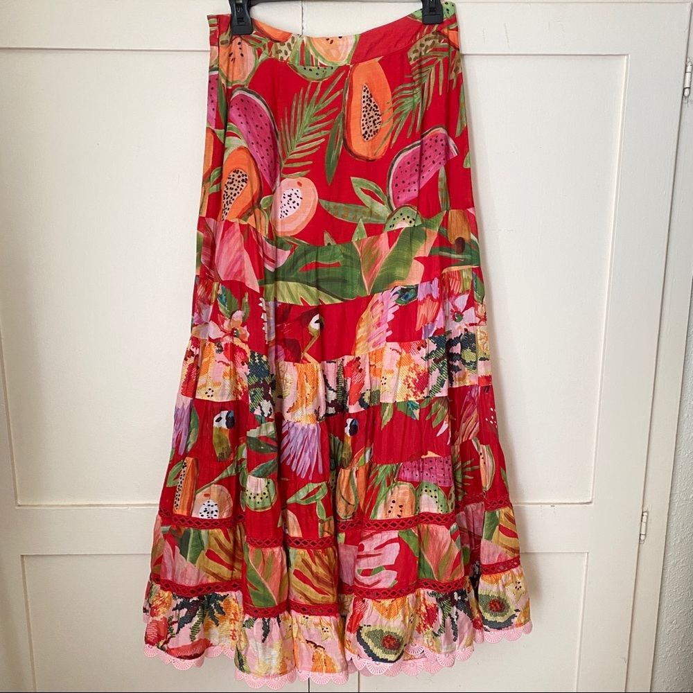 NWT Farm Rio Macaw Tropical Fruit Tiered Maxi Skirt Size Medium - Picture 7 of 8